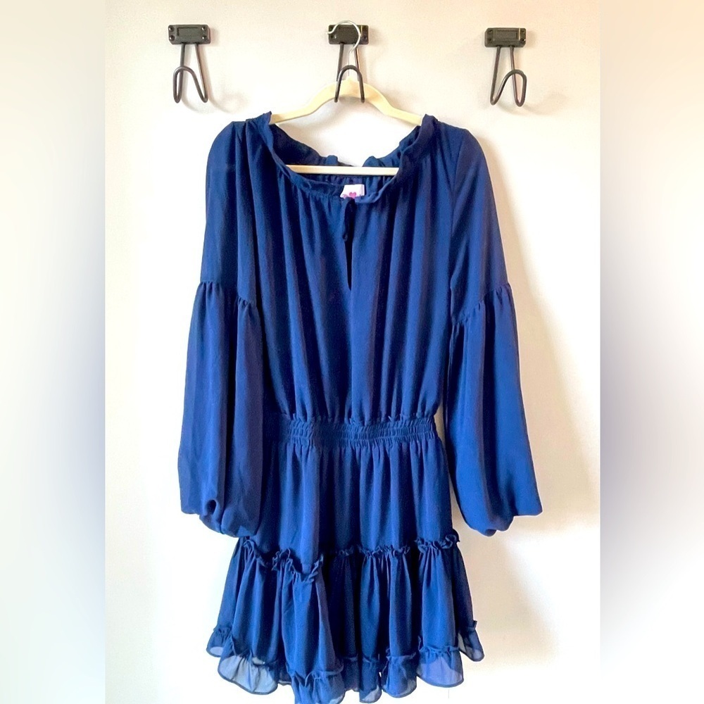 Buddy Love, women’s small, navy blue tiered ruffle dress, elastic waist, lined